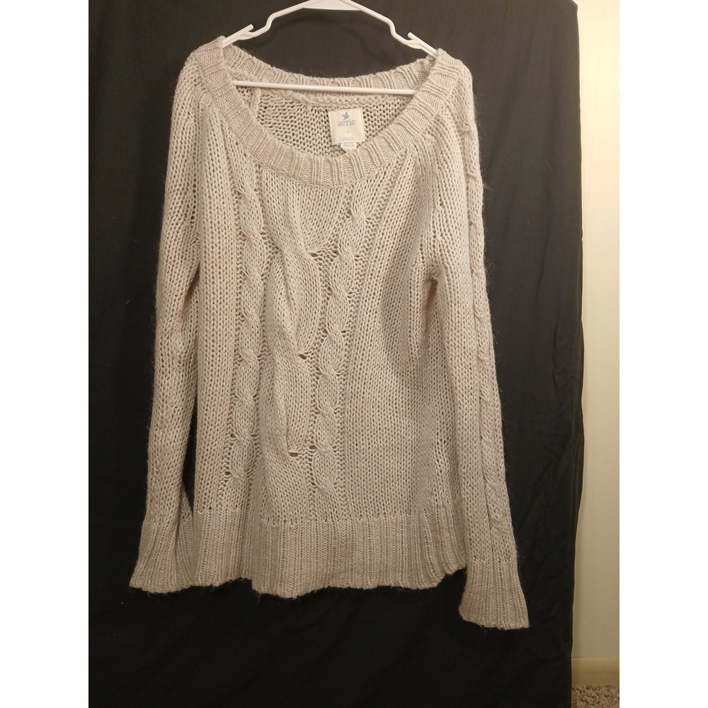Aerie Ivory Cable Knitted Sweater •Rounded Neckline • Size Large Wool Mohair